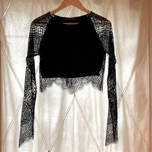 Large For Love & Lemons Long Sleeve Eyelash Lace Crop Top